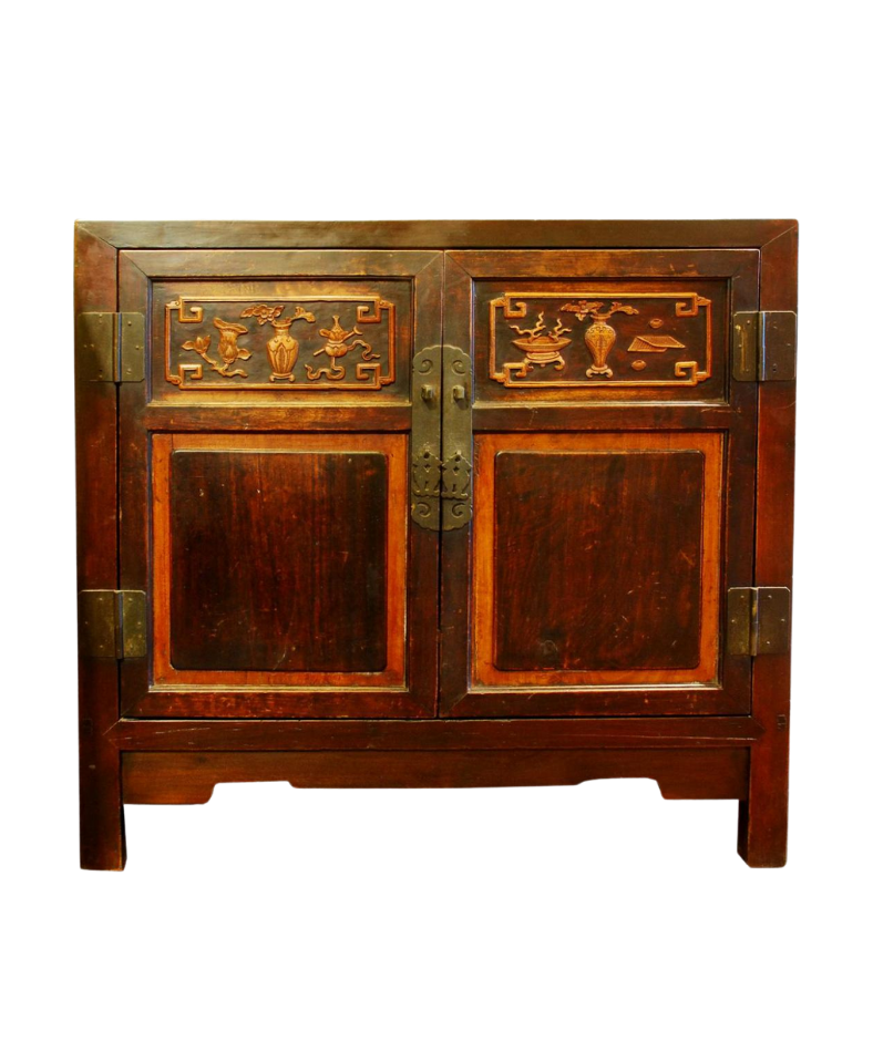 Small cabinet with carved floral designs on drawers, ink paintings on doors, simply carved apron