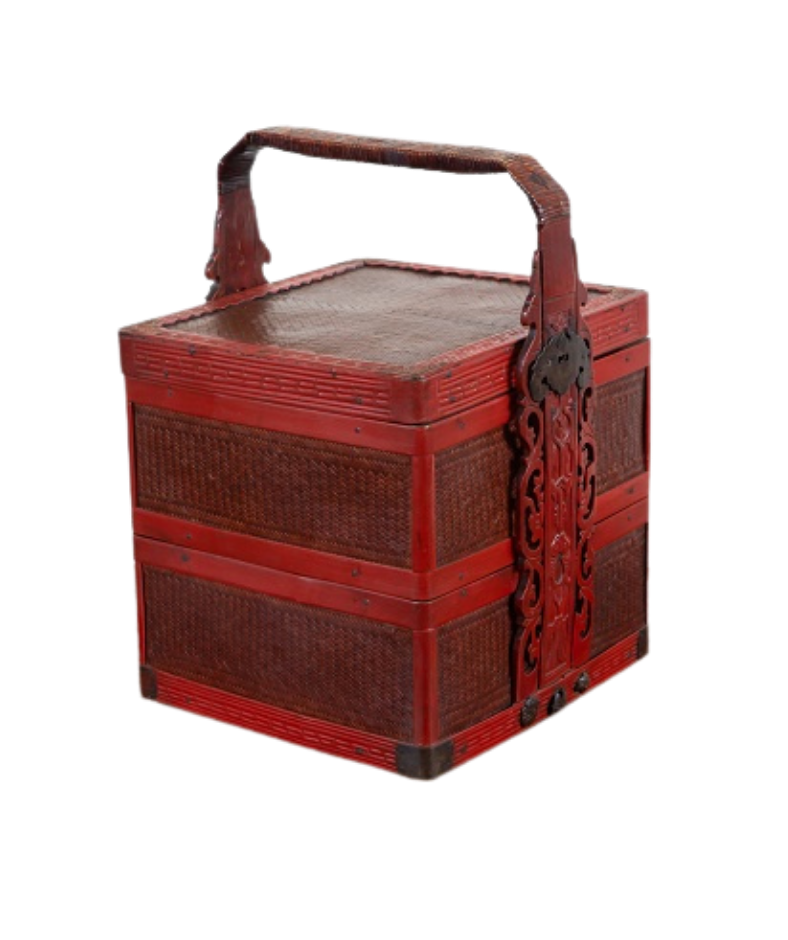 Tiered square basket with carved handles, red lacquer detailed on edges.