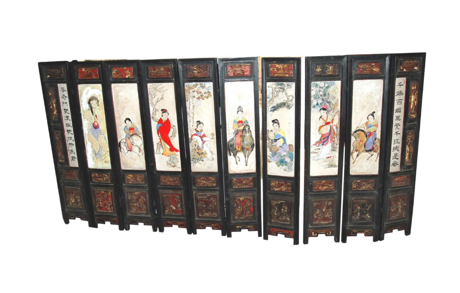 Wood screen, paintings of women from The Dream of The Red Chamber, and 1 nude painted by Chen Chao Pao - 百韻古董傢俱文物 Bai Win Collection
